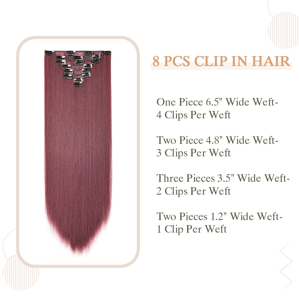 8PCS Clip in Hair Extensions Wine Red Burgundy Highlight Seamless Double Weft Hair Extensions Full Head 18 Clips Women Hairpiece 26 Straight Tangle-free Silky Soft Party Valentines