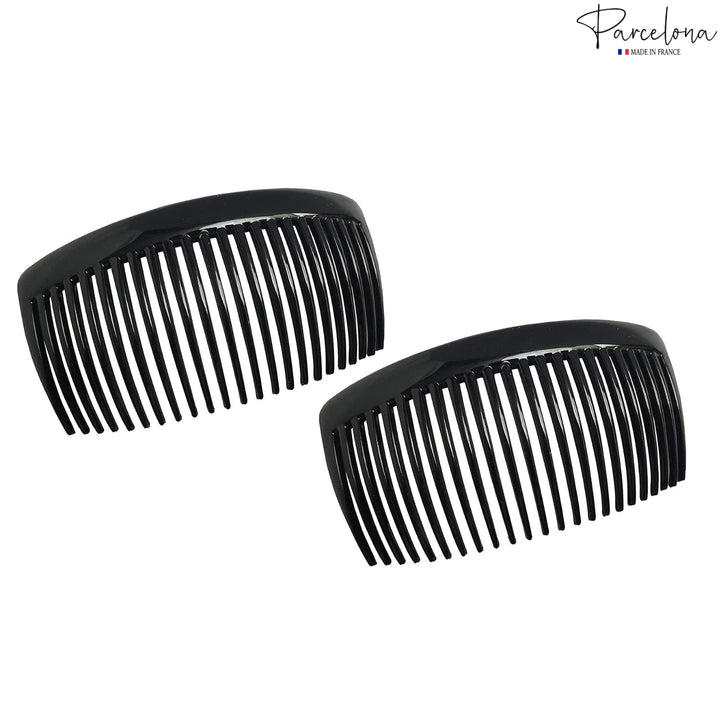 French Large 2 Pieces Glossy Black Cellulose Acetate Good Grip Updo 23 Teeth Hair Side Combs 4.25 Inches