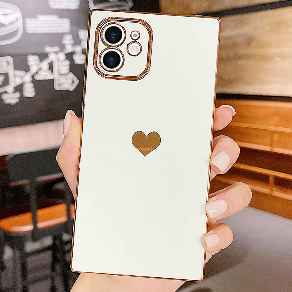 Compatible with iPhone 12 Case Rectangle Cute Plating Gold Luxury Love Heart Phone Case for Women Girls Shockproof Raised Full Camera Lens Protection Bumper Cover for iPhone 12, White