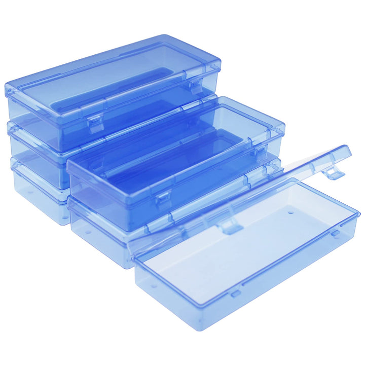 6 Pieces Rectangular Empty Mini Clear Plastic Organizer Storage Box Containers with Hinged Lids (Blue, 6.1 x 2.6 x 1.2 inch)