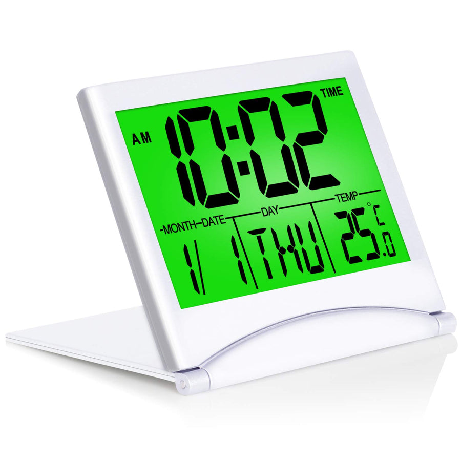 Digital Travel Alarm Clock with Backlight - Foldable Calendar Temperature Timer LCD Clock with Snooze Mode - Large Number Display, Battery Operated - Compact Desk Clock