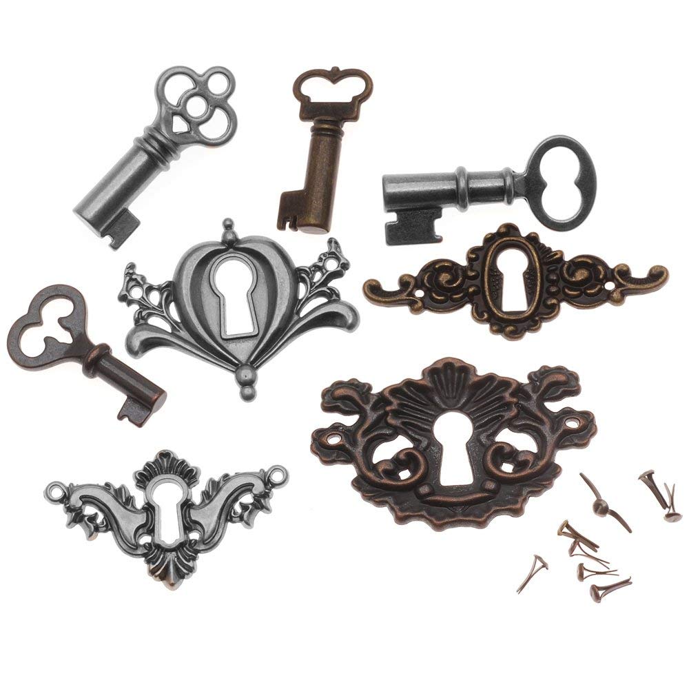 Metal Locket Keys with Fasteners, 4 Keys and 4 Keyholes per Pack, Various Sizes, Antique Finishes, TH92822