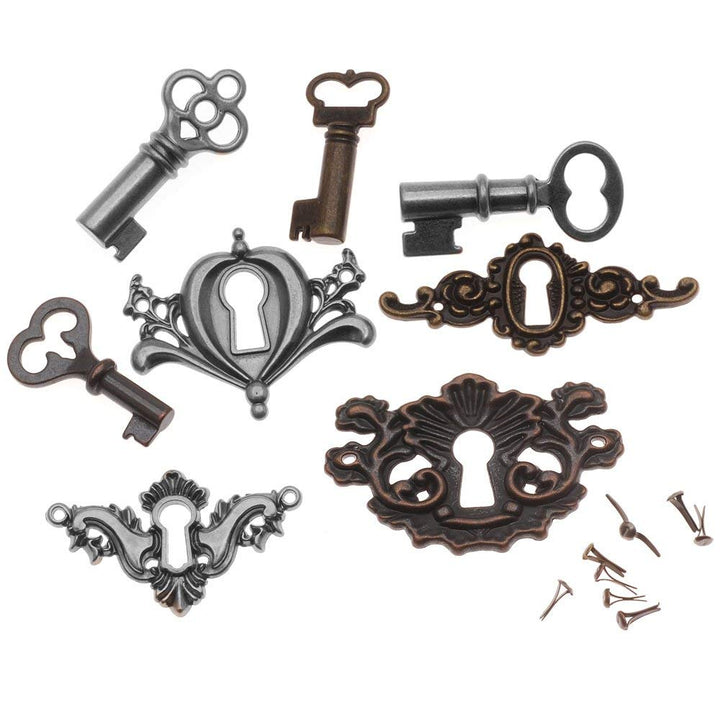 Metal Locket Keys with Fasteners, 4 Keys and 4 Keyholes per Pack, Various Sizes, Antique Finishes, TH92822