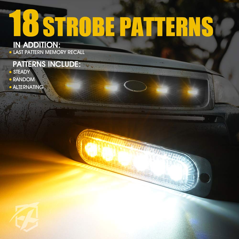 4pcs LED Emergency Strobe Lights,Amber White 6- LED Surface Mount Flashing Strobe Lights, Sync Feature Ultra Slim Grill Lights for Off-Road Vehicles ATV SUV Trucks Cars