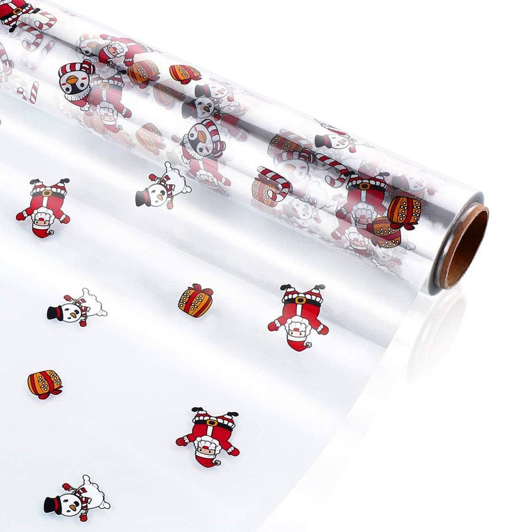 Clear Cellophane Wrap Roll Santa Claus Pattern Gift Wrappings 2.5 Mil Thick Cellophane Wrapping Paper for Christmas Gifts, Baskets, Flowers, Food, Crafts (3000x40cm)