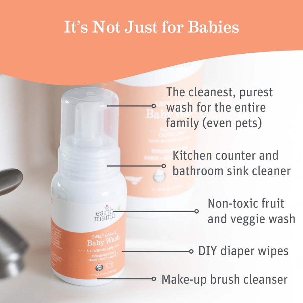 Sweet Orange Baby Liquid Wash Foaming Hand Soap, Organic All Purpose Body Wash for Sensitive Skin, Castile Soap with Coconut Oil, Shea Butter, Calendula, & Aloe, 5.3 fl oz