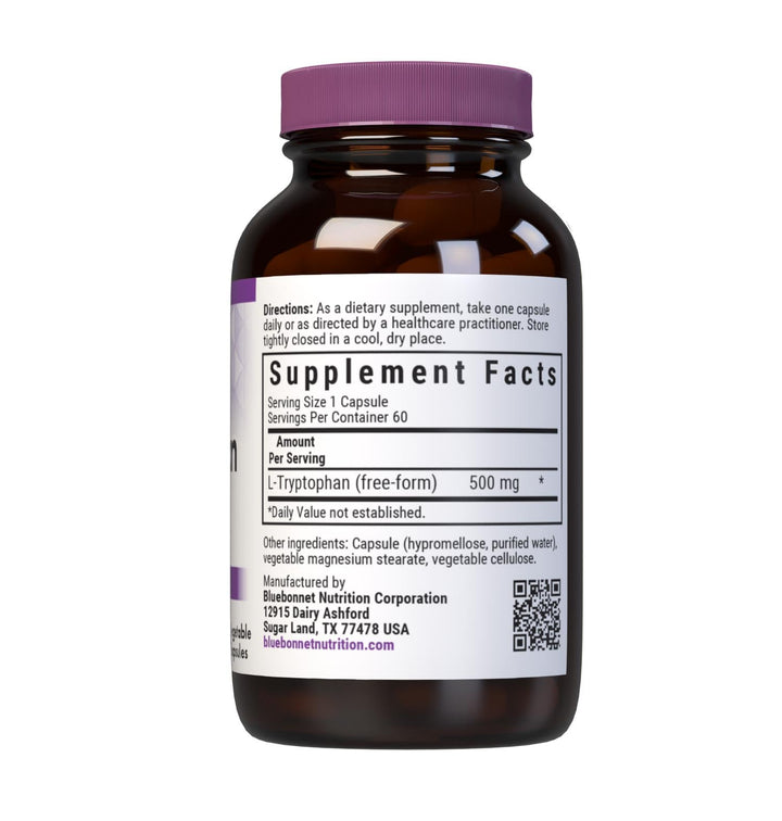 Bluebonnet Nutrition L-Trypotophan 500mg, for Neurotransmitting Support*, Supports Positive Mood*, Soy-Free, Gluten-Free, Non-GMO, Kosher Certified, Vegan, White 60 Vegetable Capsules, 60 Servings