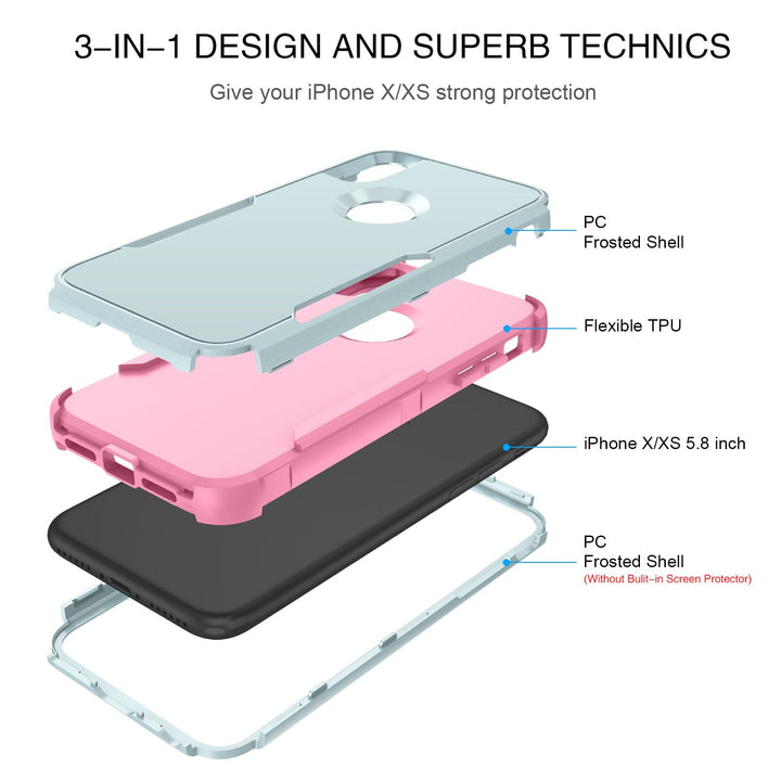 for iPhone X Case, iPhone Xs Case, 3 in 1 Heavy Duty Rugged Hybrid Hard PC Soft TPU Bumper Shockproof Non-Slip Protective Cases Cover for iPhone X (2017) / iPhone Xs (2018) 5.8, Green/Pink