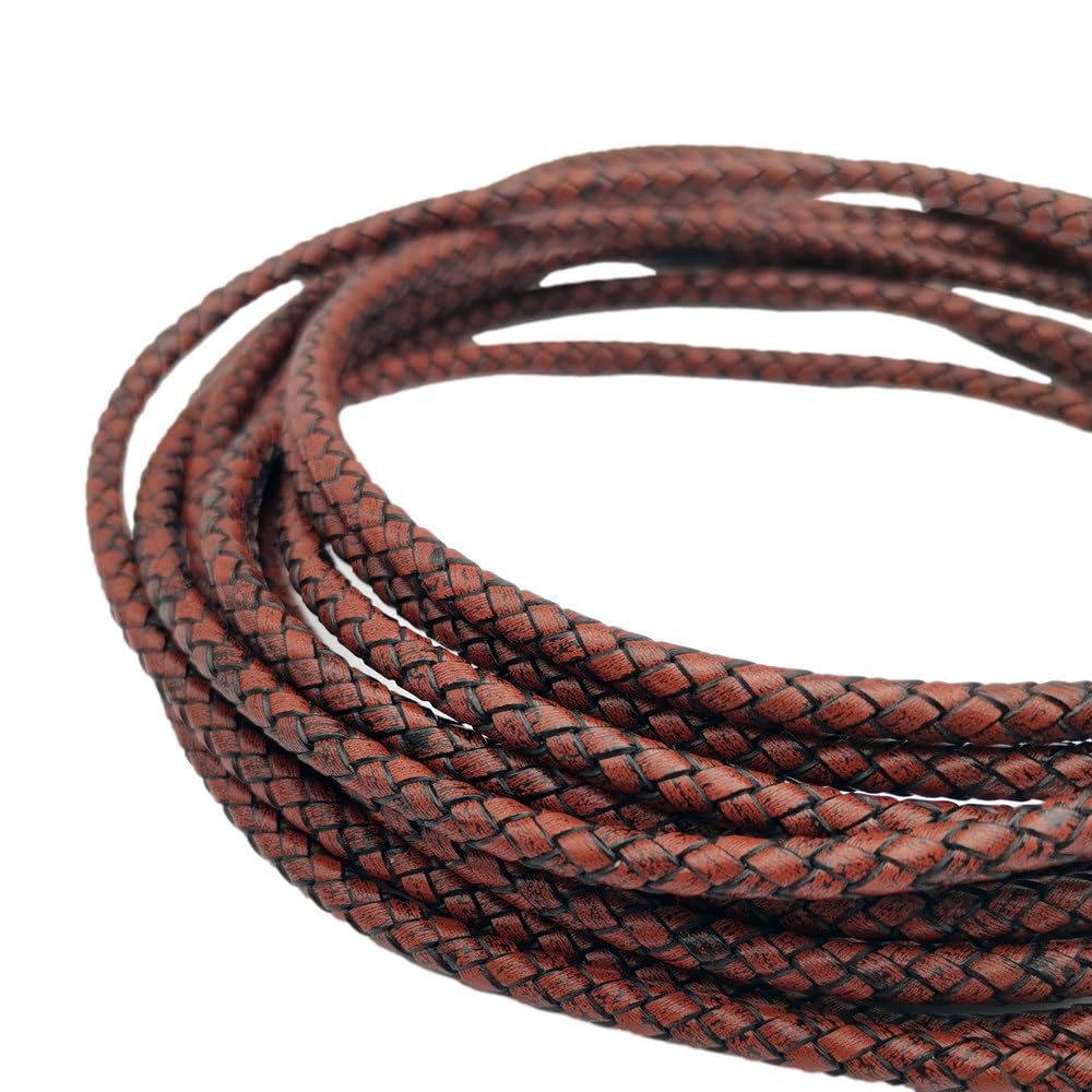 3 Yards Braided Leather Strap 5mm Round Regenerated Leather Cord for Bracelet Making Antique Red Brown