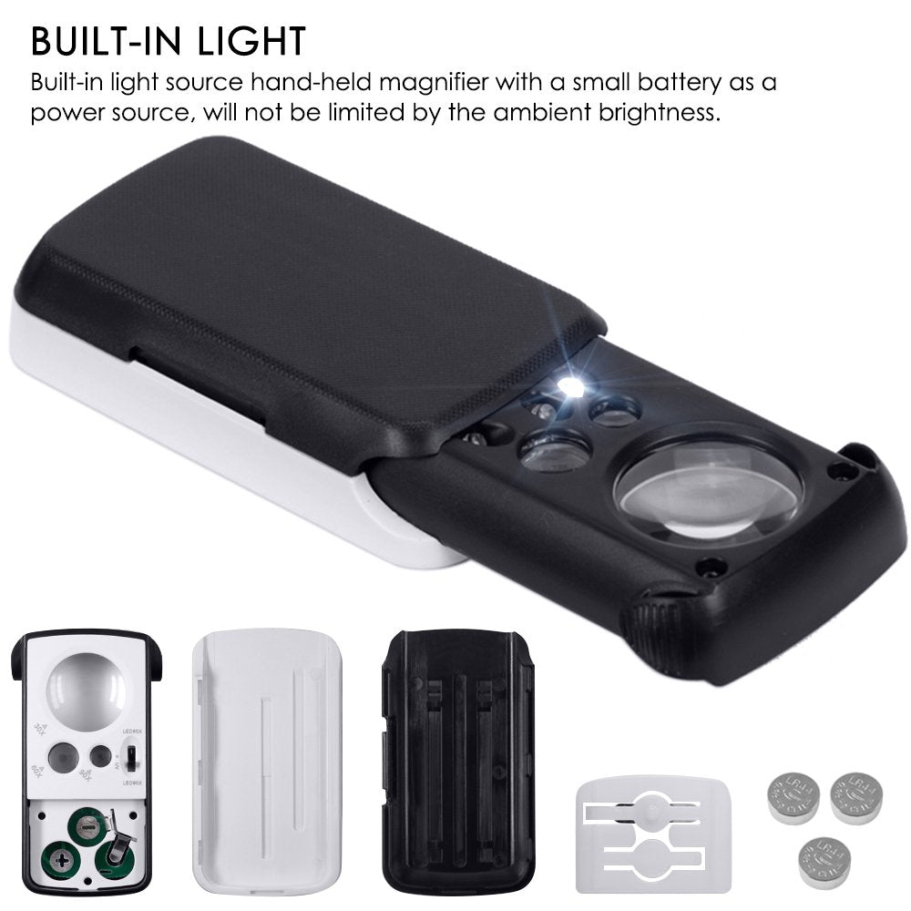 Jewelry Loupe Magnifier with UV LED Light, 30X 60X 90X Slide Out Pocket Magnifying Glass for Jewelry Diamonds Gems Coins Stamps Rocks Watches Hobbies Antiques Models Photos -Black