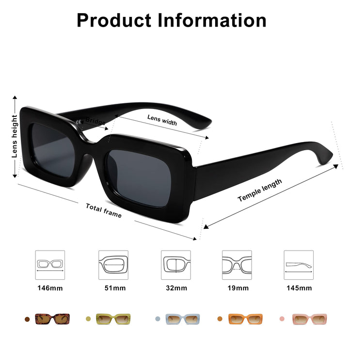 Retro 90s Nude Rectangle Sunglasses Womens Mens Trendy Chunky Glasses Black Frame Grey Lens