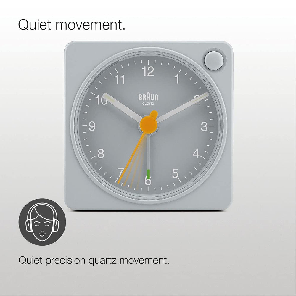 Classic Travel Analogue Alarm Clock with Snooze and Light, Compact Size, Quiet Quartz Movement, Crescendo Beep Alarm in Grey, Model BC02XG