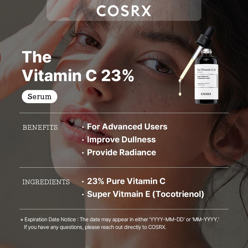 Pure Vitamin C 23% Serum with Vitamin E & Hyaluronic Acid, Brightening & Hydrating Facial Serum for Fine Lines, Uneven Skin Tone & Dull Skin, 0.7oz/20g, Korean Skin Care