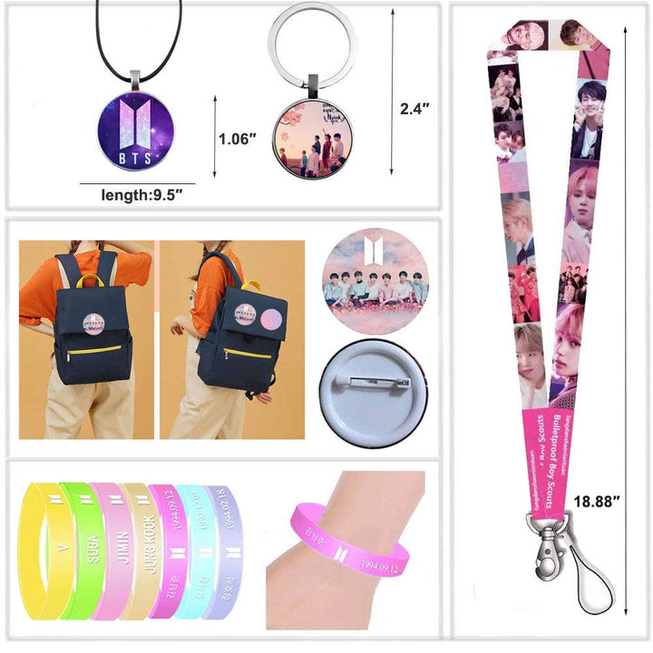 Hills Fans Bangtan Boys Bag Gift Sets Including Drawstring Bag Backpack Stickers,Lanyard,Face-Masks,Keychain,Necklace,Bracelets,Phone Ring Holder, Button Pins