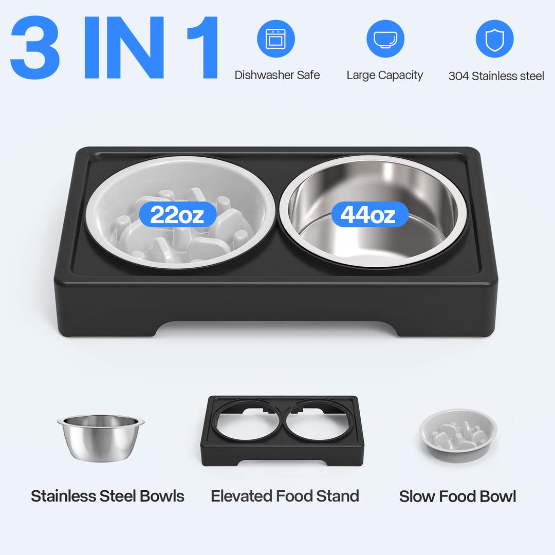 Elevated Dog Bowls, 3 Height Adjustable Raised Dog Bowl Stand with 2 Stainless Steel 44oz Food Water Bowl & Slow Feeder, Non-Slip Dog Dish Adjusts to 2.5'' 7.5'' and 11.6'' for Small Medium Large Dogs
