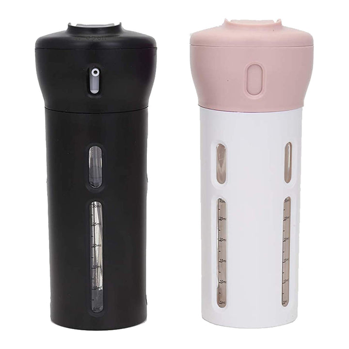 4-in-1 Travel Bottle Dispenser, TSA Approved,Includes Four Empty Reusable 1.4 oz. (40 mL) Cosmetic Toiletry Containers for Sanitizer, Soap, Lotions, Skincare, Makeup Products (Black Pink)