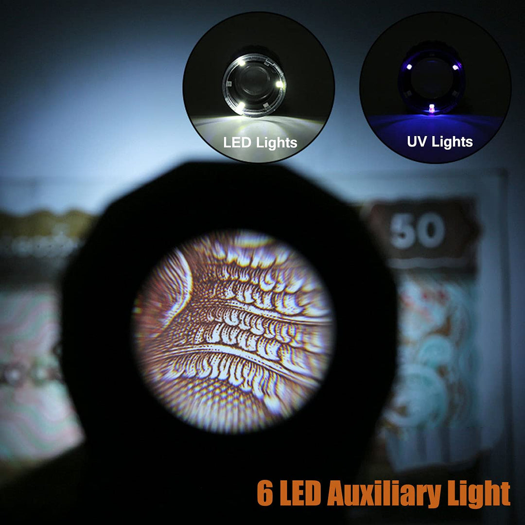 30X Loupe Magnifier with 6 LED Lights, Rechargeable Portable Desktop Jewelers Loupe, Magnifying Glass with Purple Light and White Light Jewelry Tool for Coins, Jewelry, Currency, and Stamps