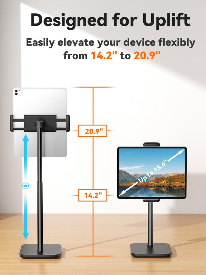 Adjustable iPad Stand with 21 Height Extension, 360° Swivel Tablet Holder for Desk, Surface Pro Stand, Portable Monitor Stand Compatibility with 4.7-15.6 Tablets and Smartphones, Display - Black