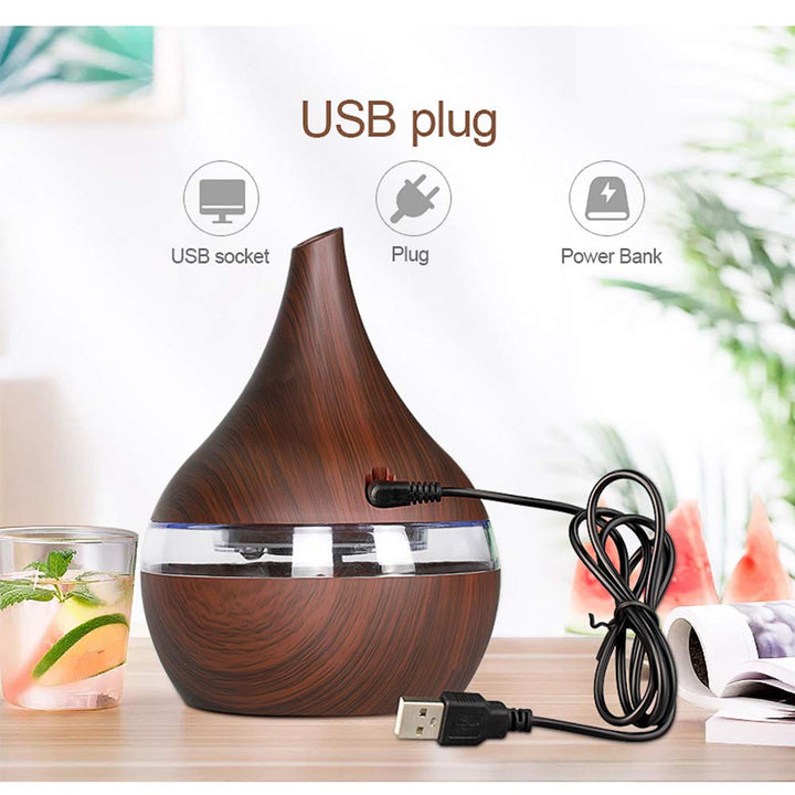 USB Aroma Essential Oil Diffuser 300ml Ultrasonic Humidifier with Electric Wood Grain LED Lights Aroma Diffuser for Home,Darkwoodgrain