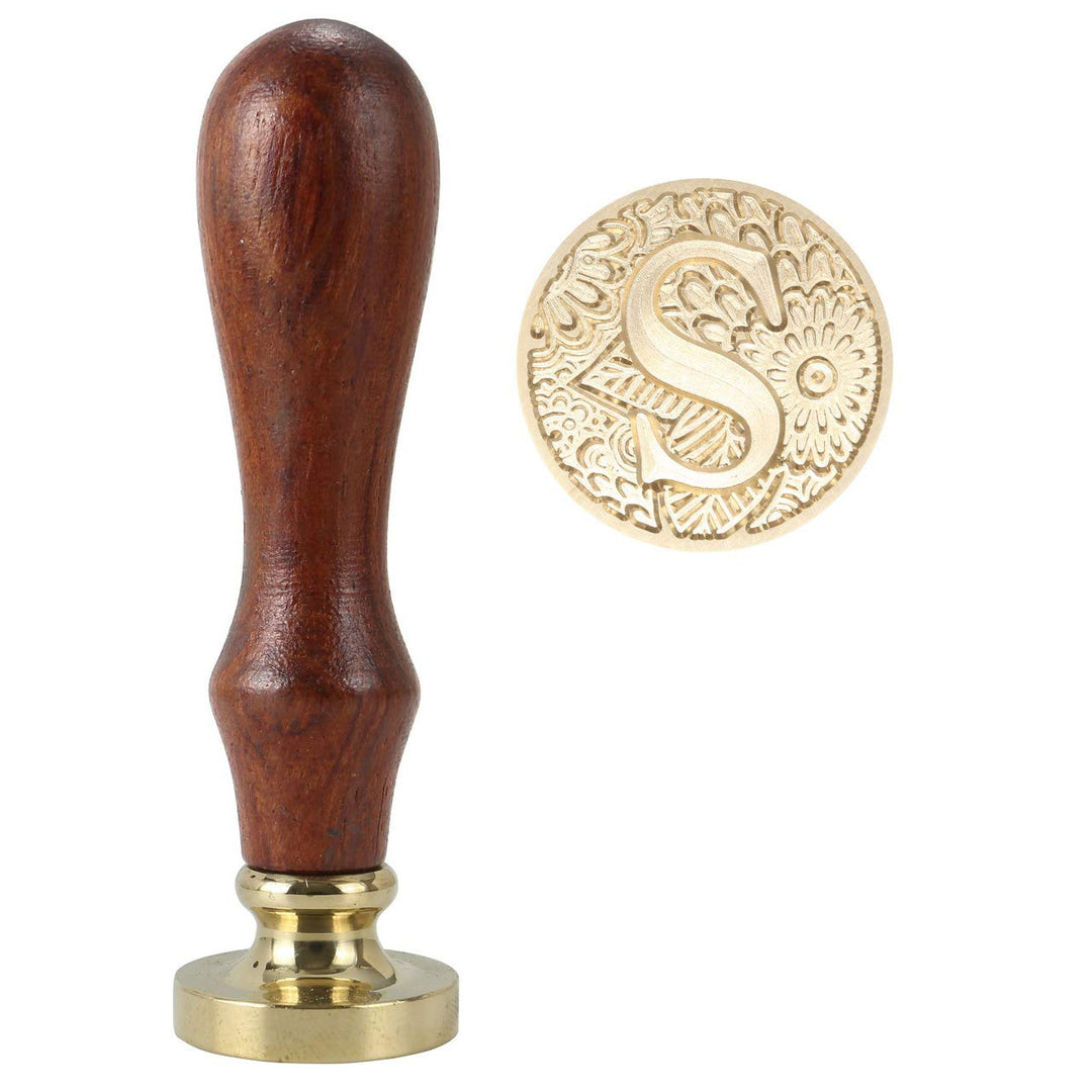 Letter S Wax Seal Stamp, Brass Head Botanical Alphabet Initial Sealing Stamp with Wooden Handle