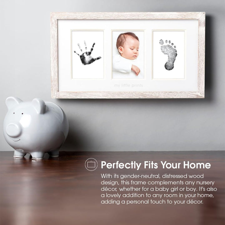 My Little Prints Newborn Handprint & Footprint Frame Kit - No Mess Clean Touch Ink Pad, Gender-Neutral Keepsake, Ideal Shower Gift, Nursery Decor, Distressed Wood