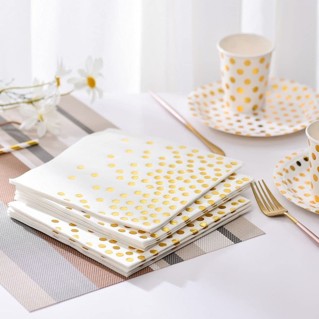 50 Luncheon Napkins, White with Sparkly Gold Dots, Disposable Paper Party Napkins for Birthday, Wedding, Baby/Bridal Shower, Christmas, 2- Ply
