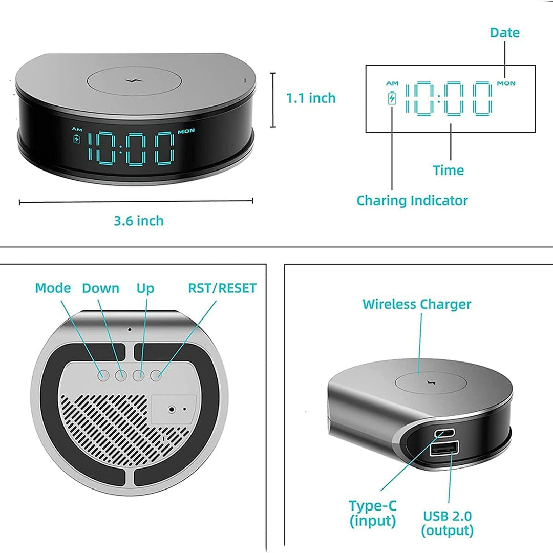 Digital Alarm Clock with 15W Fast Wireless Charge , Wireless Charger Pad for iOS/Android Smartphone , Adjustable Brightness LED Alarm Clock