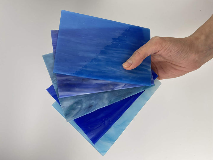 12 Sheets Stained Glass Sheets Pack, 6 X 4 Cathedral Glass, Art Glass, Mosaic Glass Tiles for Crafts, (Mixed Blue)