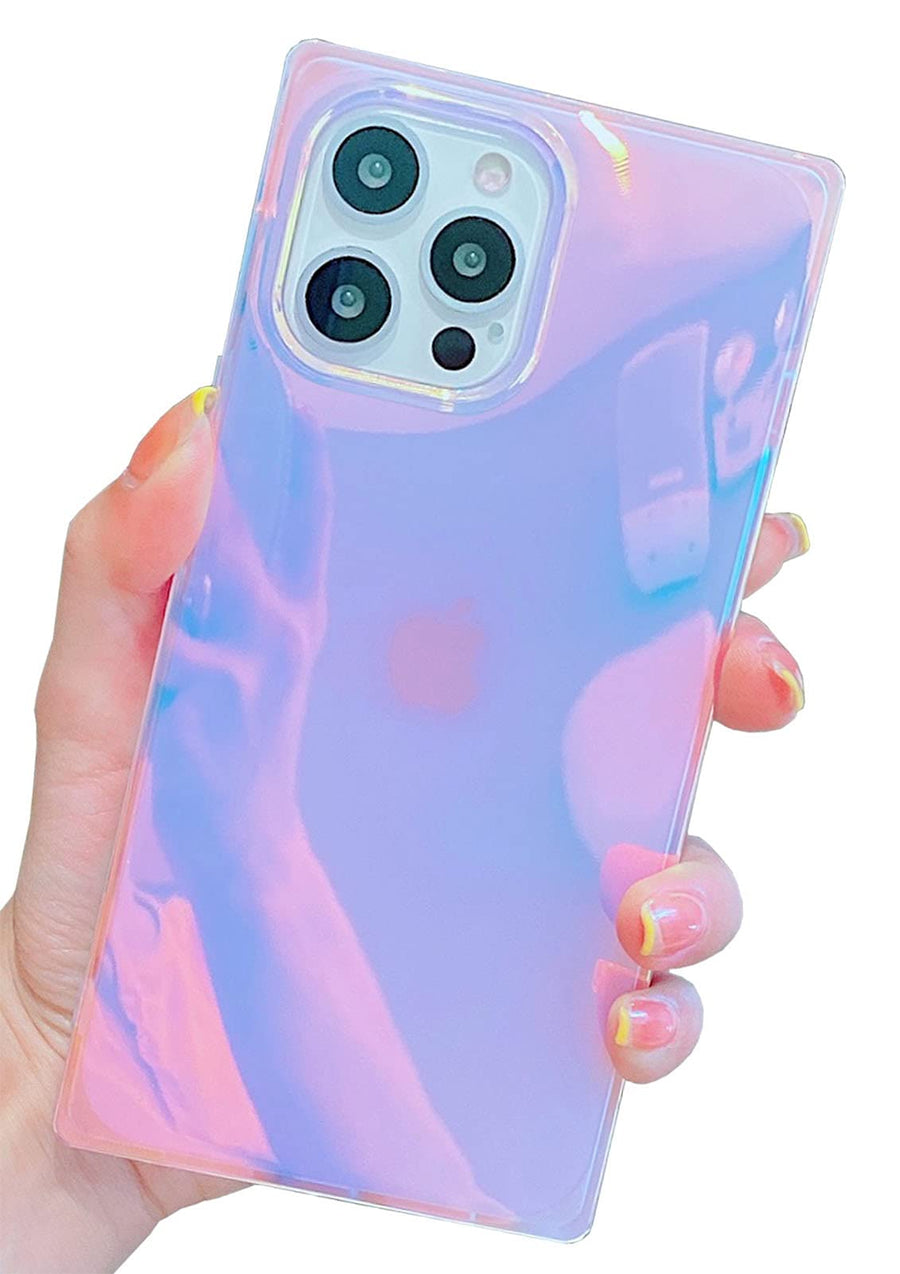 Cute Holographic Compatible with iPhone 13 Pro Max Rectangle Case (2021) 6.7-inch, Slim Colorful Glossy Soft TPU Protective Durable Cases Cover for Women Girls Blue Purple