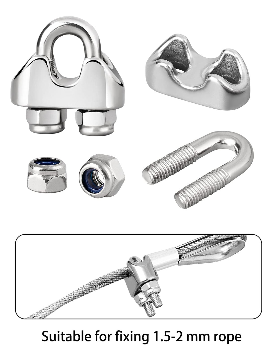Wire Rope Clip M2 Cable Clamps with Locknut, Stainless Steel U Bolt Saddle Clamp Fasteners with Lock Nuts for Ø 2mm 1/16 Rigging Rope and Tension Cable Garden Wire Ropes 12pcs
