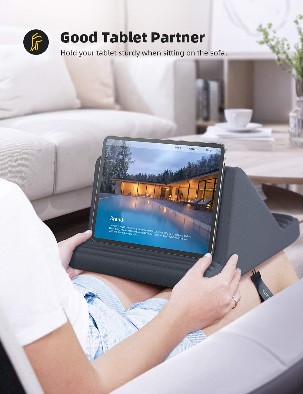 Tablet Pillow Stand, Pillow Soft Pad for Lap - Tablet Holder Dock for Bed with 6 Viewing Angles, for 4-13 Tablets, Like iPad Pro 11, 13, Air, Mini, Kindle, Galaxy Tab, E-Reader, Dark Gray