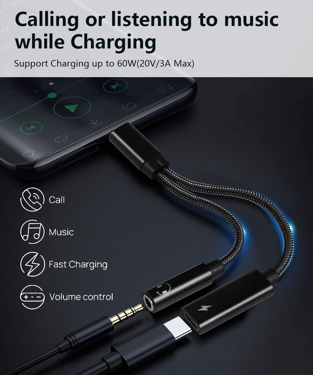 2 in 1 USB C to 3.5mm Headphone Audio and Charge Adapter, Type c to Aux Audio with PD 60W Fast Charge Adapter fit with iPhone 16 15 Pro Max, Galaxy S24 S23 S22, Pixel 9 8 7 6, iPad Pro/Macbook Air