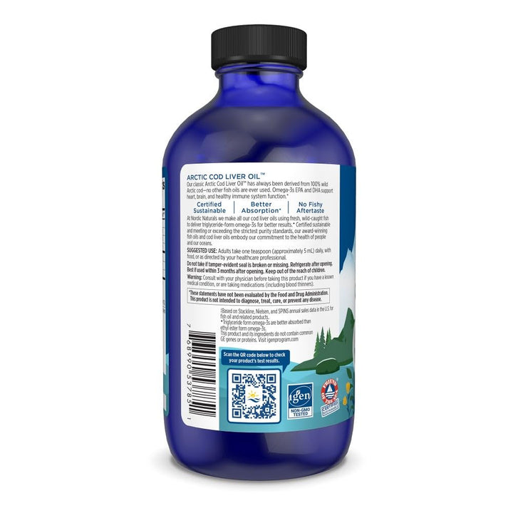 Arctic Cod Liver Oil, Unflavored - 8 oz - 1060 mg Total Omega-3s with EPA & DHA - Heart & Brain Health, Healthy Immunity, Overall Wellness - Non-GMO - 48 Servings