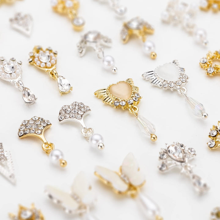 48PCS 3D Bow Nail Art Charms Rhinestones, Luxury Metal Crystal Diamonds with Pearls for Nail Design, Dazzling Heart Butterfly Pendant Gems for DIY Salon Manicure Decoration Jewelry Crafting