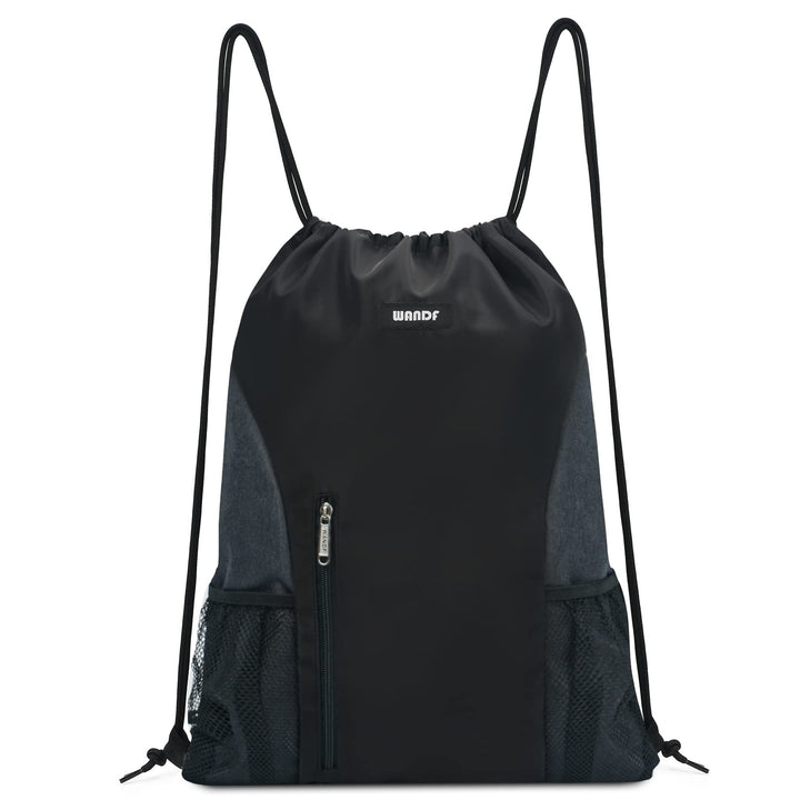 Drawstring Backpack Sports Gym Sackpack with Mesh Pockets Water Resistant String Bag for Women Men(Black)