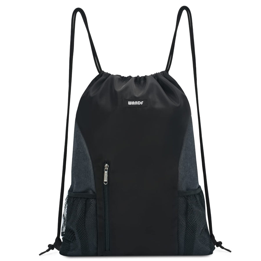 Drawstring Backpack Sports Gym Sackpack with Mesh Pockets Water Resistant String Bag for Women Men(Black)