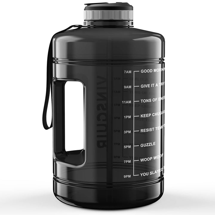 1 Gallon Water Bottle with Times to Drink - Motivational Large 128 oz Water Jug with Straw & Strap & Handle, BPA Free Big Water Bottle for Daily Drinking & Gym Workout (Black)