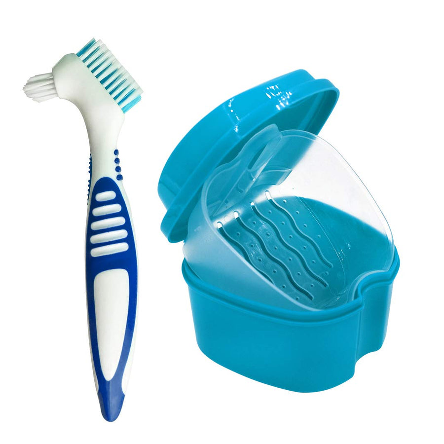 Denture Case, Denture Cup with Strainer Denture Bath Box with Cleaning Brush, Deture Bath for Retainer Cleaning (Blue)