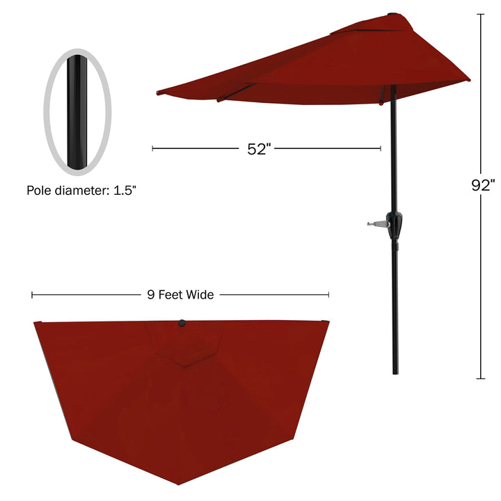 Half Umbrella - 9 ft Patio Umbrella with Easy Crank - Half Umbrella Outdoor Patio Shade - Small Canopy for Balcony, Table or Deck (Red)