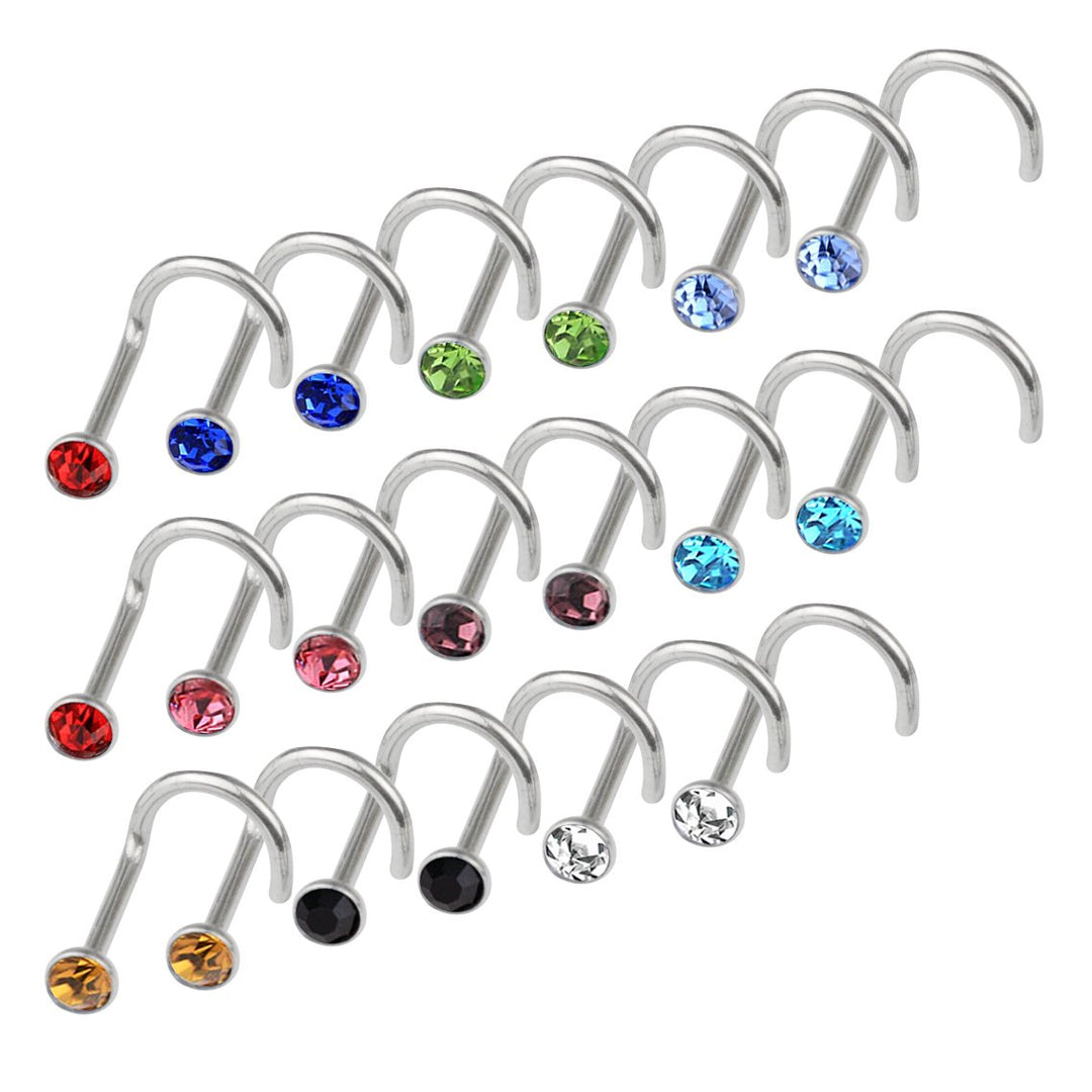 100pcs Mixed Color Stainless Steel Rhinestone Piercing Nose Studs Rings Body Piercing Hooks Hypoallergenic Screw Shape