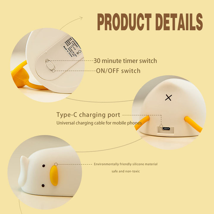 Kids Night Light, Lying Flat Duck Cute Night Light for Kids, Premium Silicone Nursery Nightlight, Touch Control, Type-C Rechargeable, Duck Lamp
