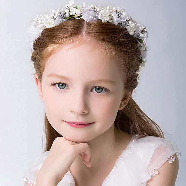 Girls Headpiece White Pearl Rhinestone Flower Headband Crystal Communion Hair Accessories Bridal Prom Photography for Women and Girls