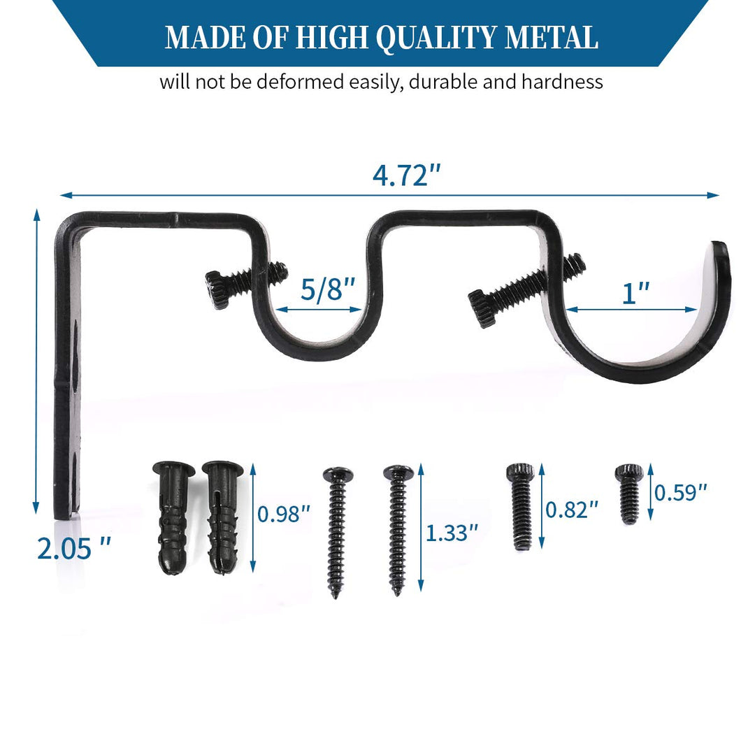 Heavy Duty Curtain Rod Brackets Double Rod Holders Double Curtain Rod Brackets 1 and 5/8 Inch Rod (Set of 2, Black)