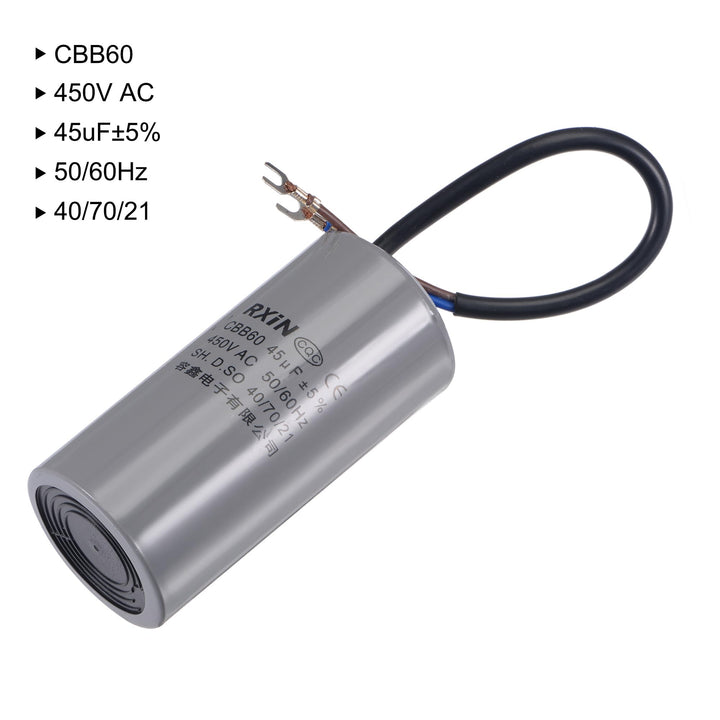 CBB60 Run Capacitor 45uF 450V AC 2 Wires 50/60Hz Cylinder 105x50mm with Terminal for Air Compressor Water Pump Motor