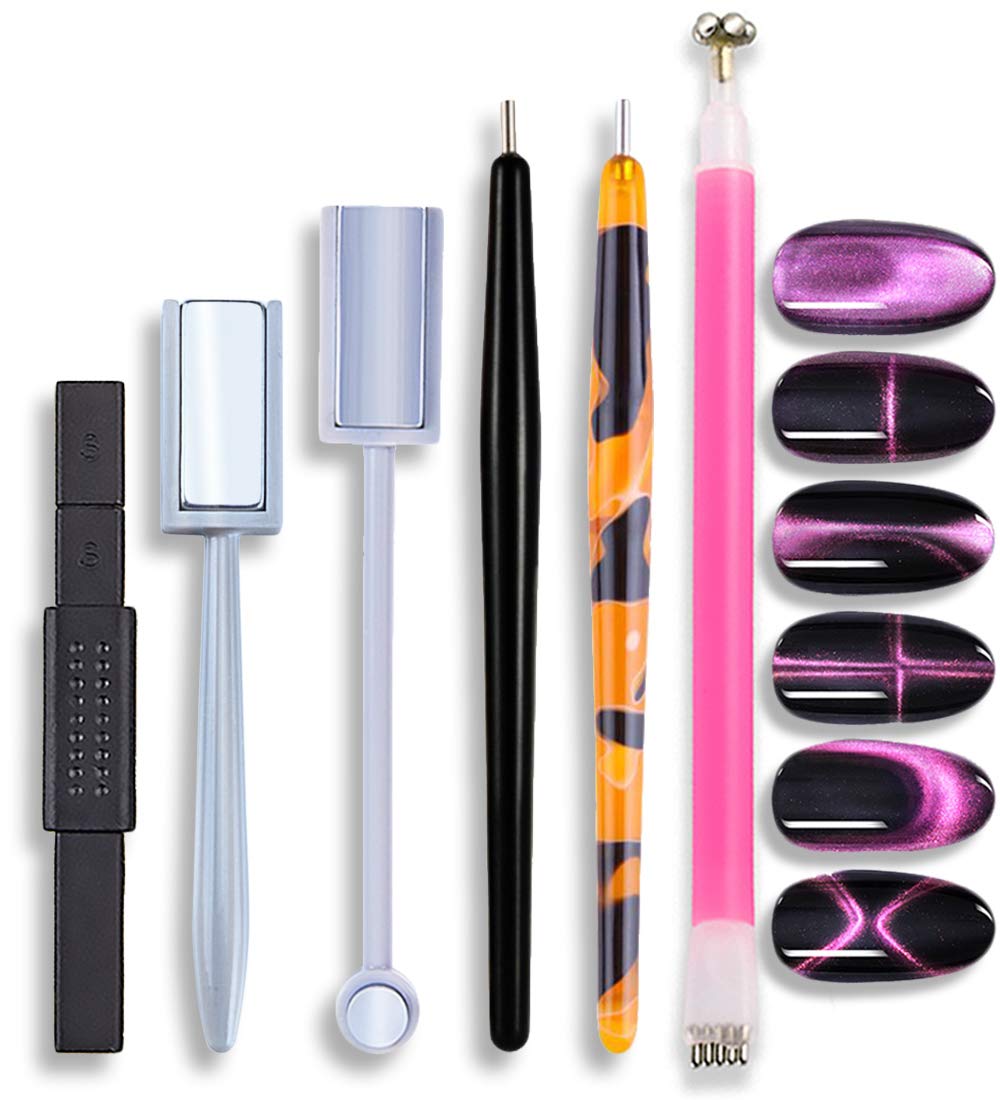 6Pcs Nail Art Magnetic Pen Set 3D Cat Eye Design Dual-Ended Magnet Wand Gel Nail Polish Magic Manicure DIY&Salon Tools
