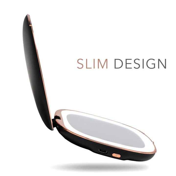 Compact Makeup Mirror with Natural LED Lights, 1x/ 10x Magnifying - Rechargeable, Portable, Lighted 4” Hand Mirror for Travel and Purses, Mila (Black)