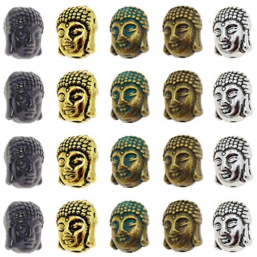 50-Pack Retro Style Assorted Metal Hindu Buddha Head Spacers Loose Beads Hole 2mm Bracelets Charms Necklaces Pendants Jewelry Making Findings 11x9x8mm Mixed Colors
