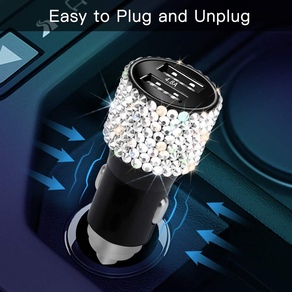 Otostar Dual USB Car Charger, 4.8A Output, Bling Crystal Diamond Car Decorations Accessories Fast Charging Adapter for iPhones Android iOS, Samsung Galaxy, LG, Nexus, HTC (Silver)
