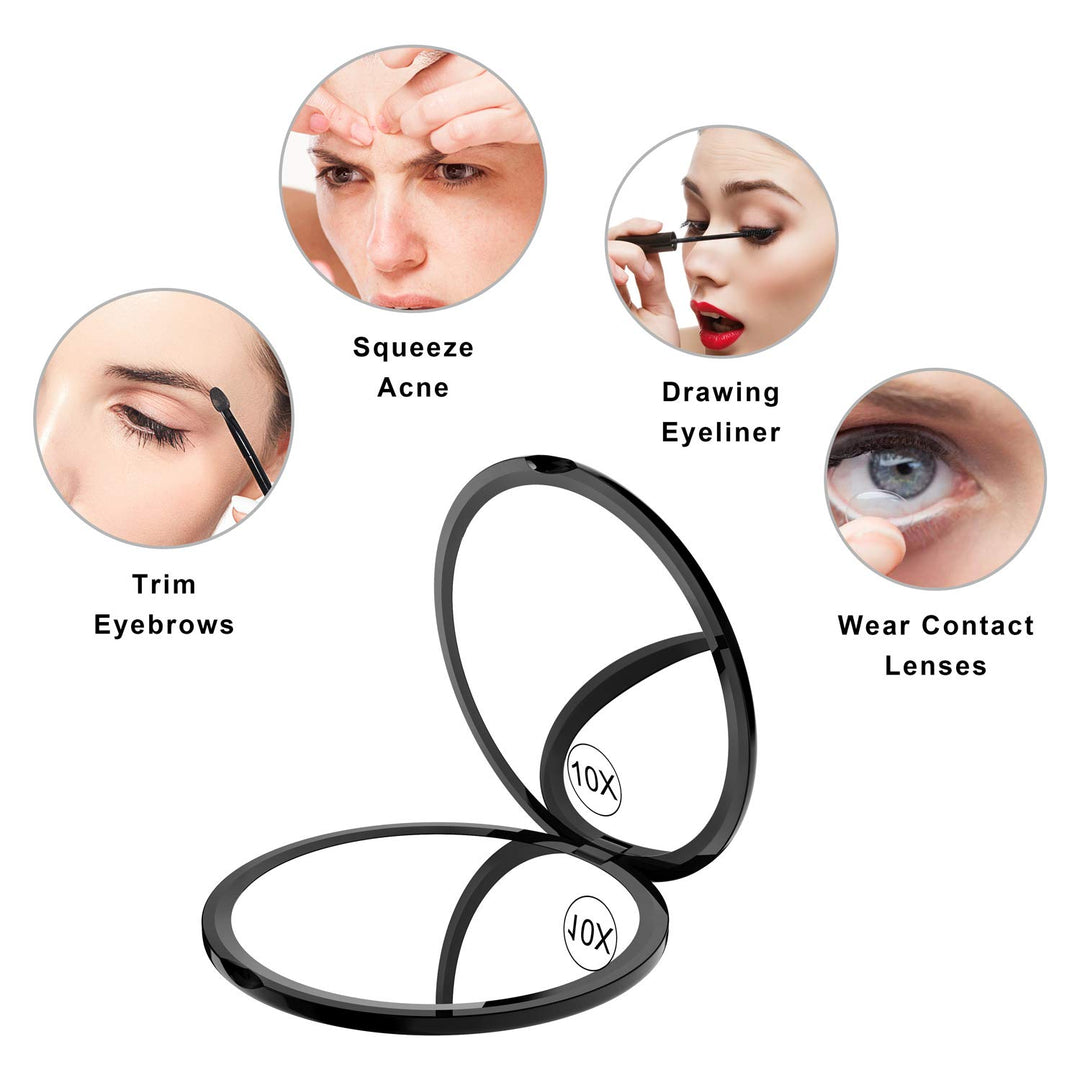 Magnifying Compact Mirror for Purses Double Sided Travel Makeup Mirror with 10X Magnification, 4 Inch Small Pocket Mirror, Portable Folding Great Compact Cosmetic Mirror (Black)