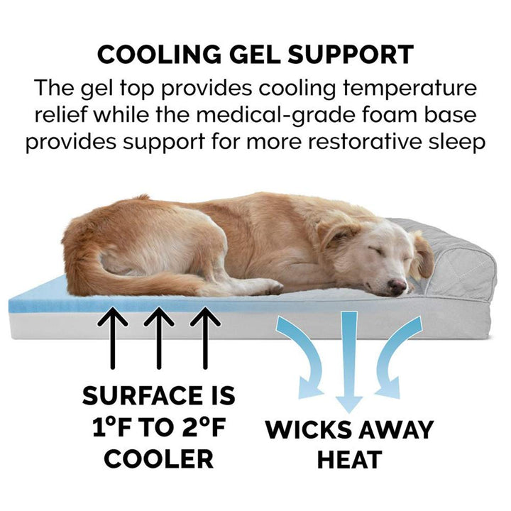Cooling Gel Dog Bed for Large Dogs w/ Removable Bolsters & Washable Cover, For Dogs Up to 95 lbs - Two-Tone Plush Faux Fur & Suede L Shaped Chaise - Stone Gray, Jumbo/XL